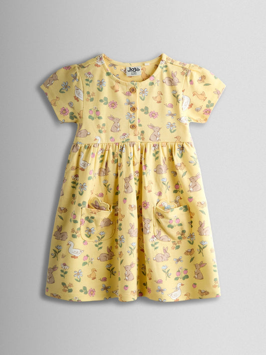 JoJo Maman Bébé Light Yellow Duck Bunny Button Down Pet In Pocket Dress image 1