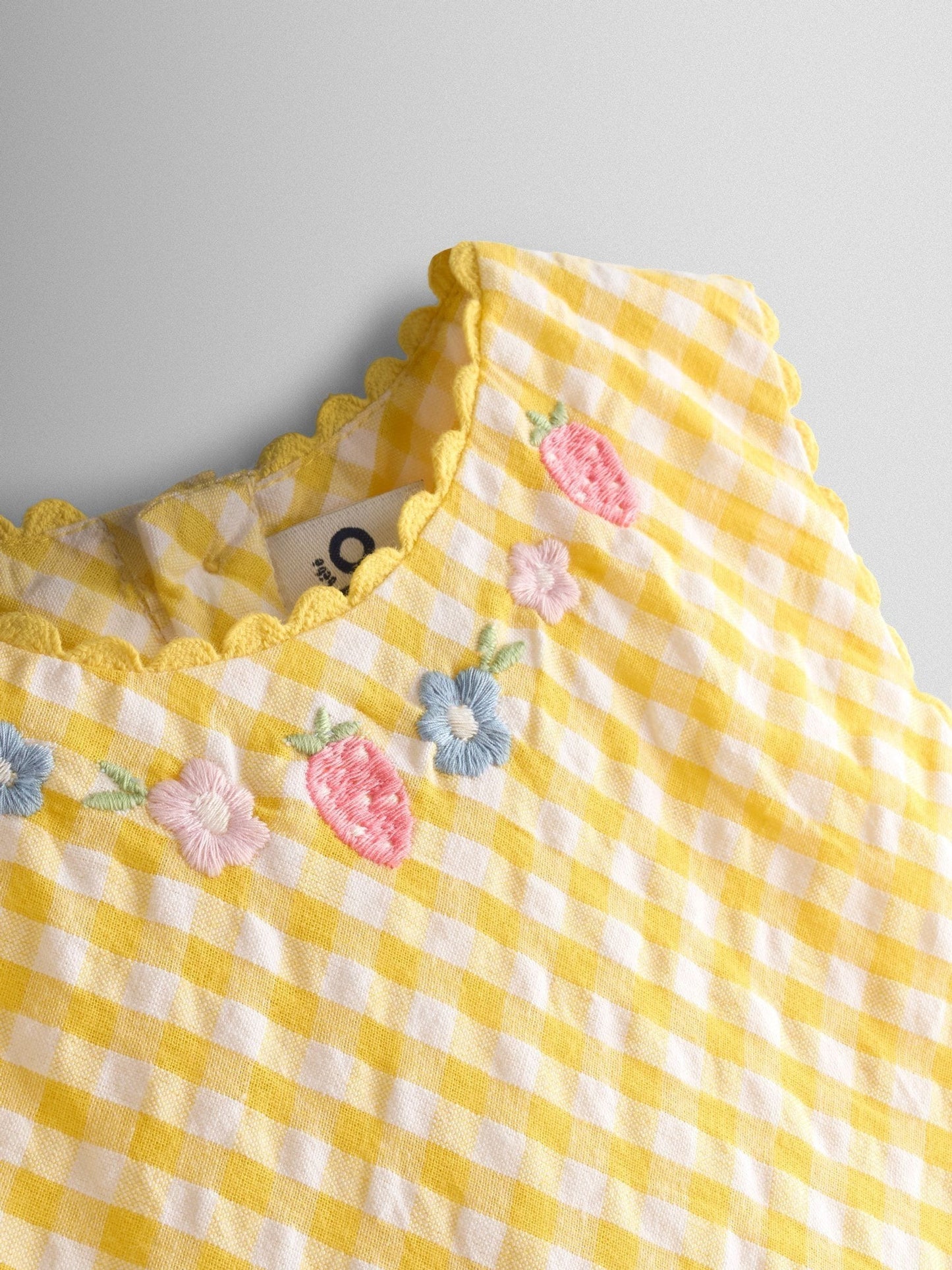 JoJo Maman Bébé Yellow Ducks & Bunnies Appliqué Gingham Sleeveless Dress image 3