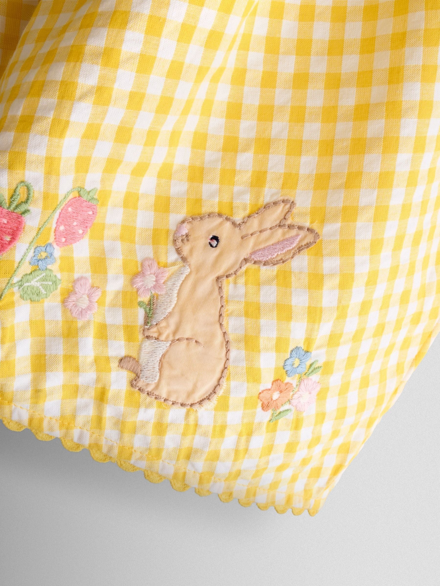 JoJo Maman Bébé Yellow Ducks & Bunnies Appliqué Gingham Sleeveless Dress image 4