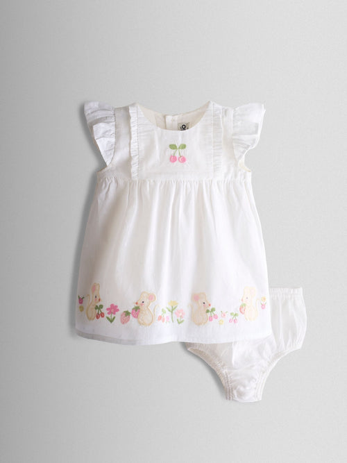 JoJo Maman Bébé White Mouse Appliqué Frill Shoulder Baby Dress image 1