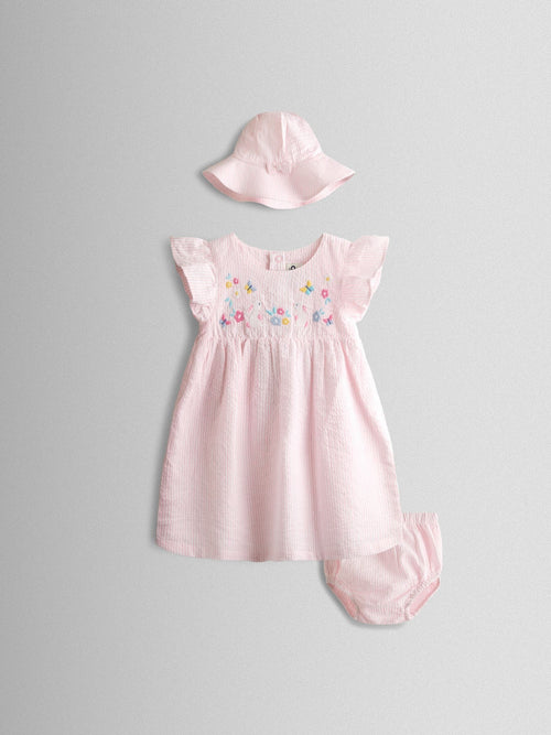 JoJo Maman Bébé Pink Bunny Embroidered Baby Dress, Knicker & Hat Set image 1