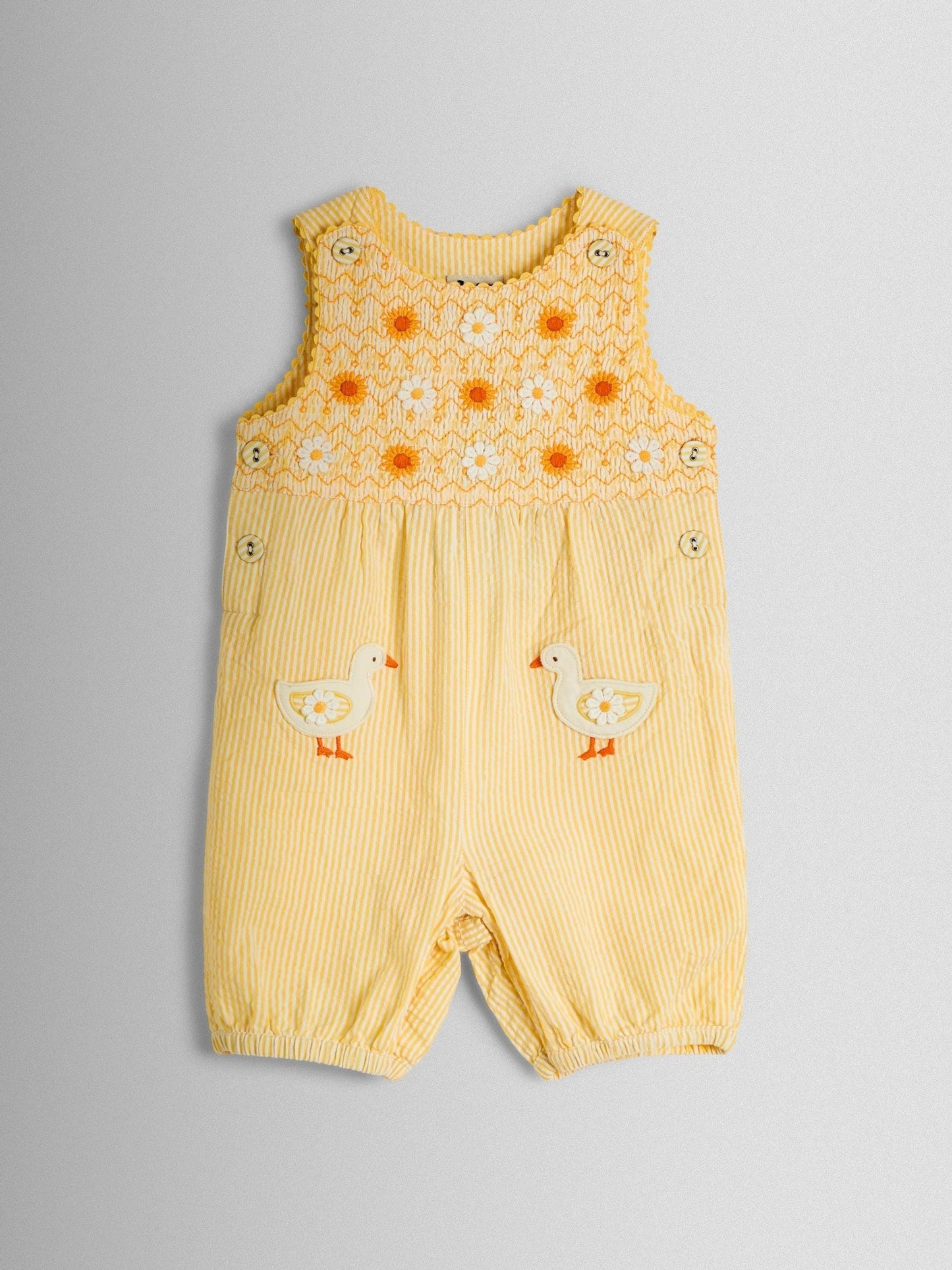 JoJo Maman Bébé Yellow Duck Appliqué Pocket Smocked Dungarees image 1
