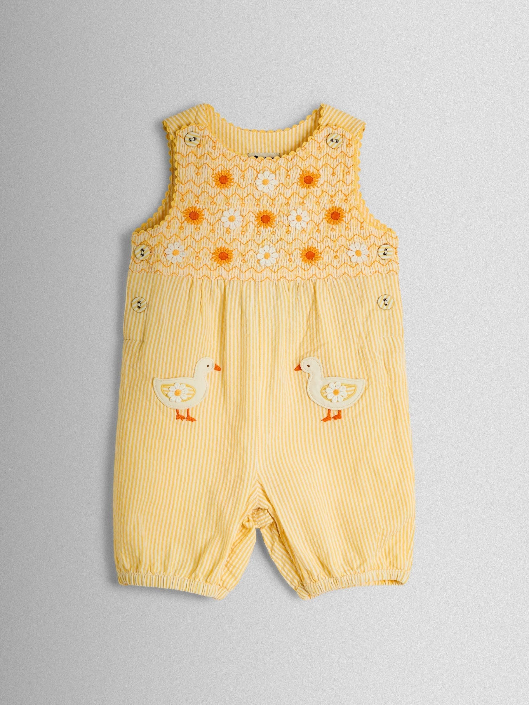 JoJo Maman Bébé Yellow Duck Appliqué Pocket Smocked Dungarees image 1