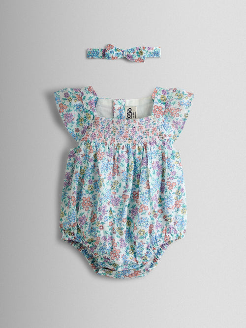 JoJo Maman Bébé Cream Floral Smocked Bubble Romper and Headband Set image 1