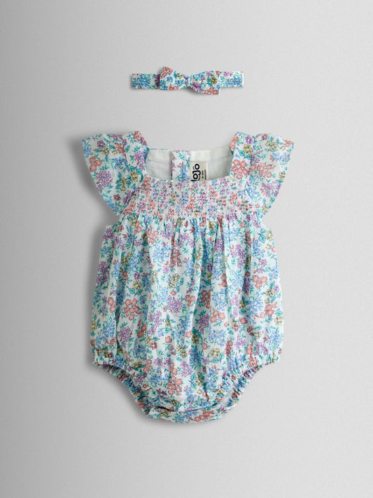 JoJo Maman Bébé Cream Floral Smocked Bubble Romper and Headband Set image 1