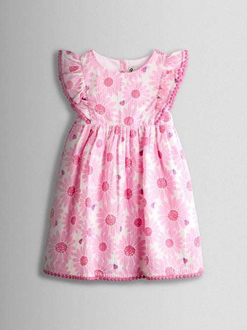 Dsiney Kidz - JoJo Maman Bébé Pink Daisy & Ladybird Frill Shoulder Printed Dress image 1