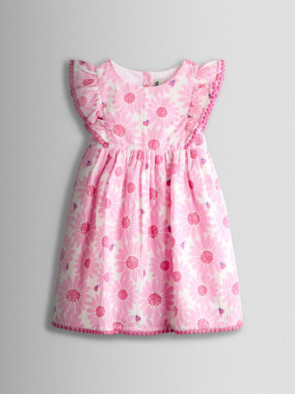 JoJo Maman Bébé Pink Daisy & Ladybird Frill Shoulder Printed Dress image 1