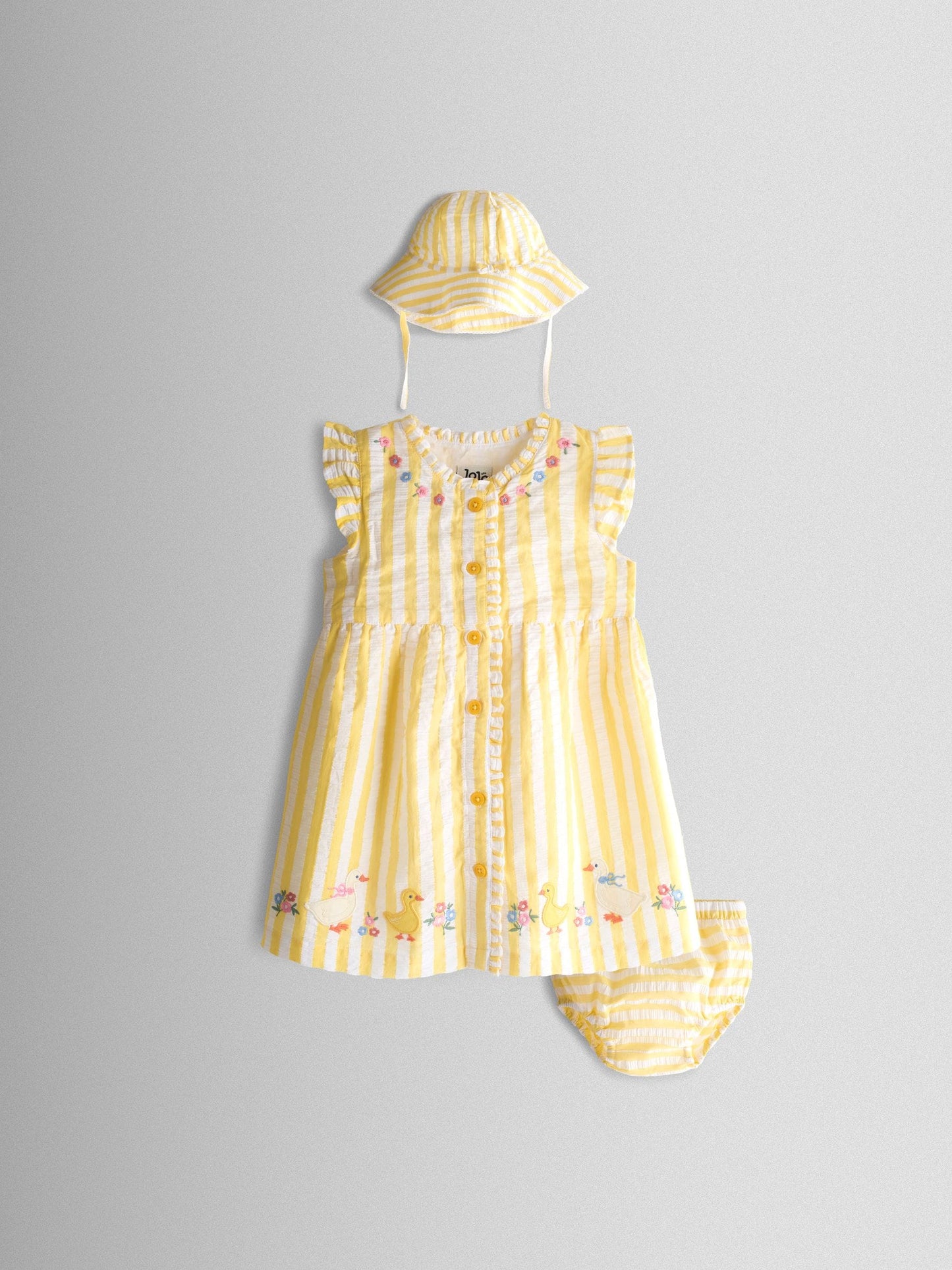 JoJo Maman Bébé Yellow Duck Appliqué Button Front Dress & Hat Set image 1