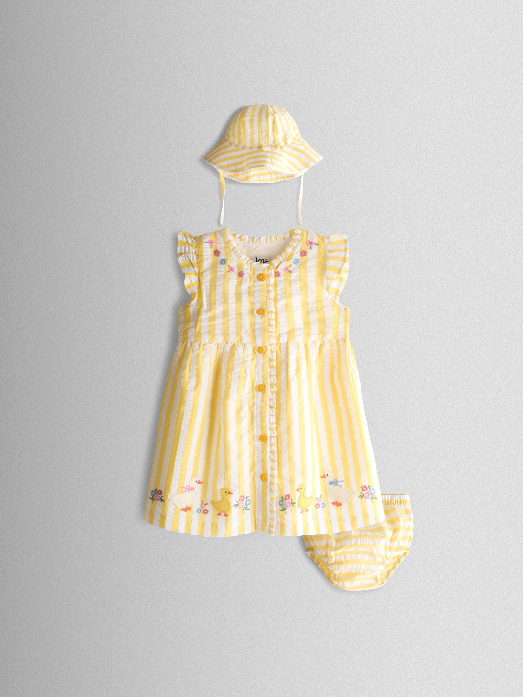 JoJo Maman Bébé Yellow Duck Appliqué Button Front Dress & Hat Set image 1