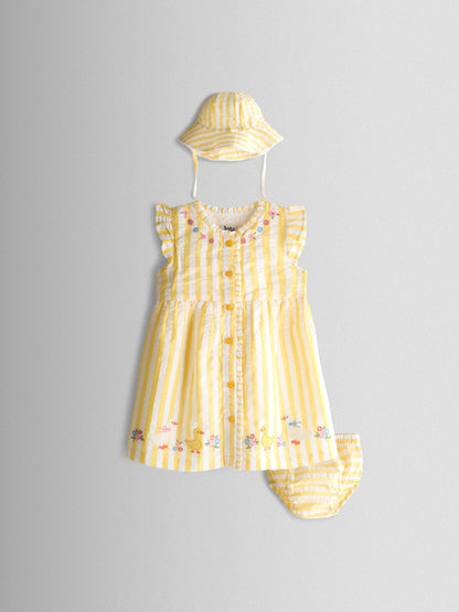 JoJo Maman Bébé Yellow Duck Appliqué Button Front Dress & Hat Set image 1