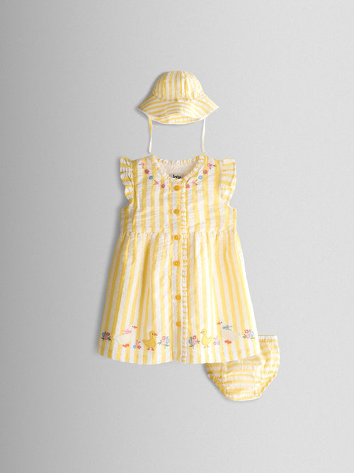 JoJo Maman Bébé Yellow Duck Appliqué Button Front Dress & Hat Set image 1