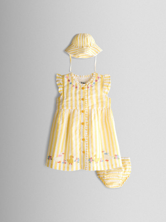 JoJo Maman Bébé Yellow Duck Appliqué Button Front Dress & Hat Set image 1