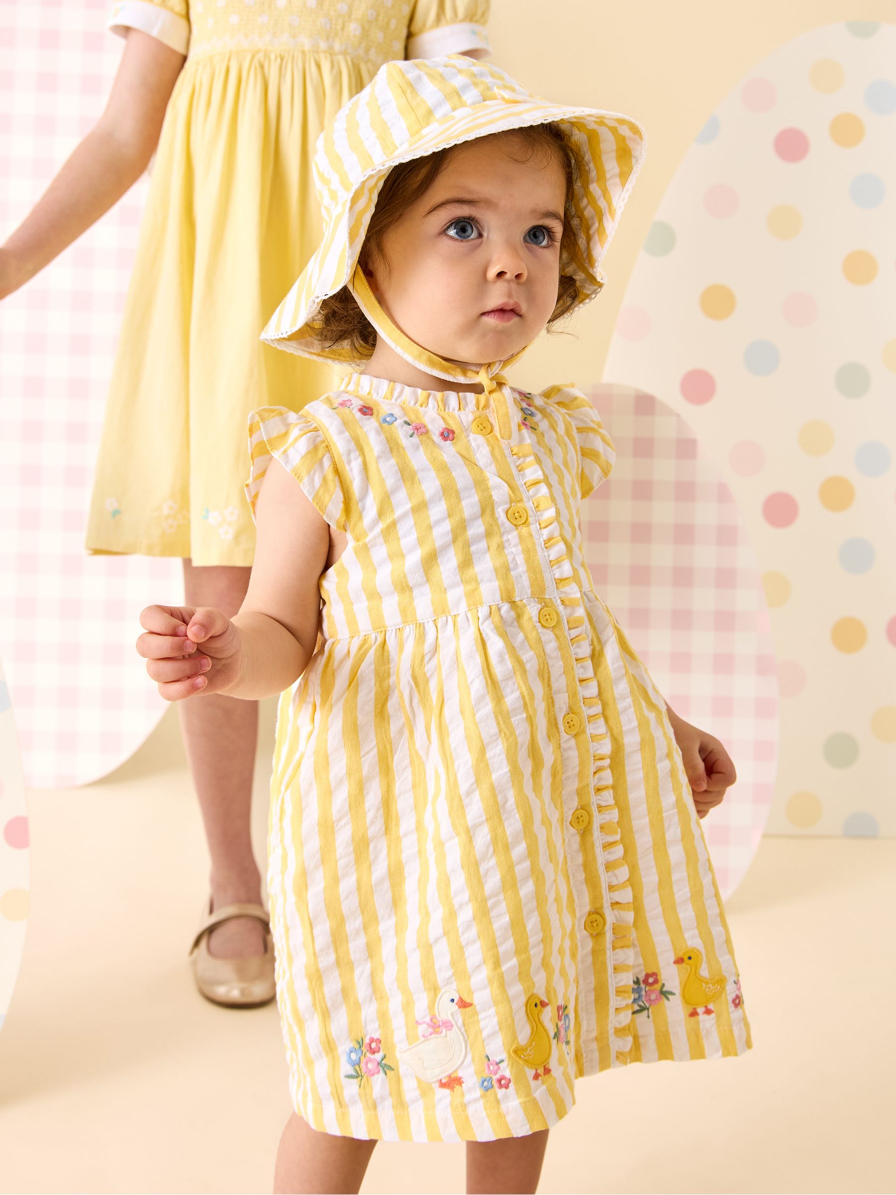 JoJo Maman Bébé Yellow Duck Appliqué Button Front Dress & Hat Set image 2