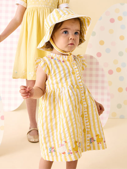 JoJo Maman Bébé Yellow Duck Appliqué Button Front Dress & Hat Set image 2