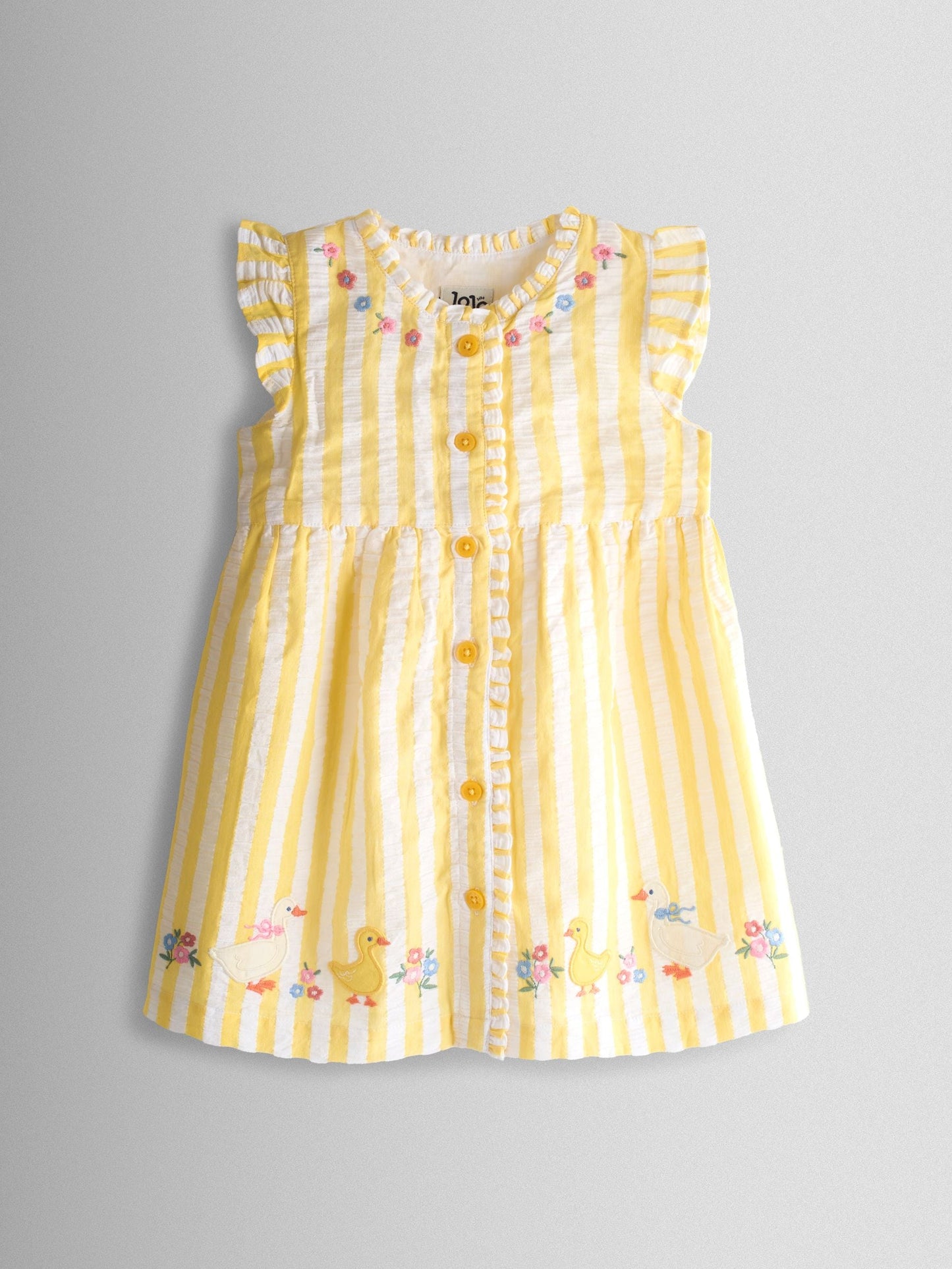 JoJo Maman Bébé Yellow Duck Appliqué Button Front Dress & Hat Set image 3