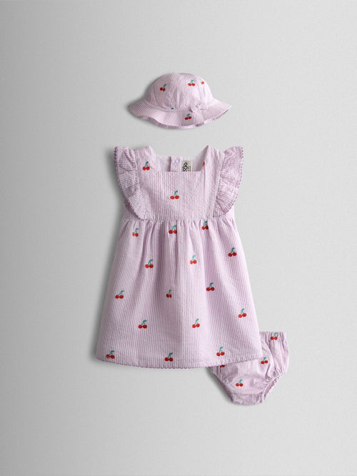 Dsiney Kidz - JoJo Maman Bébé Lilac Purple Cherry Embroidered Stripe Dress & Hat Set image 1