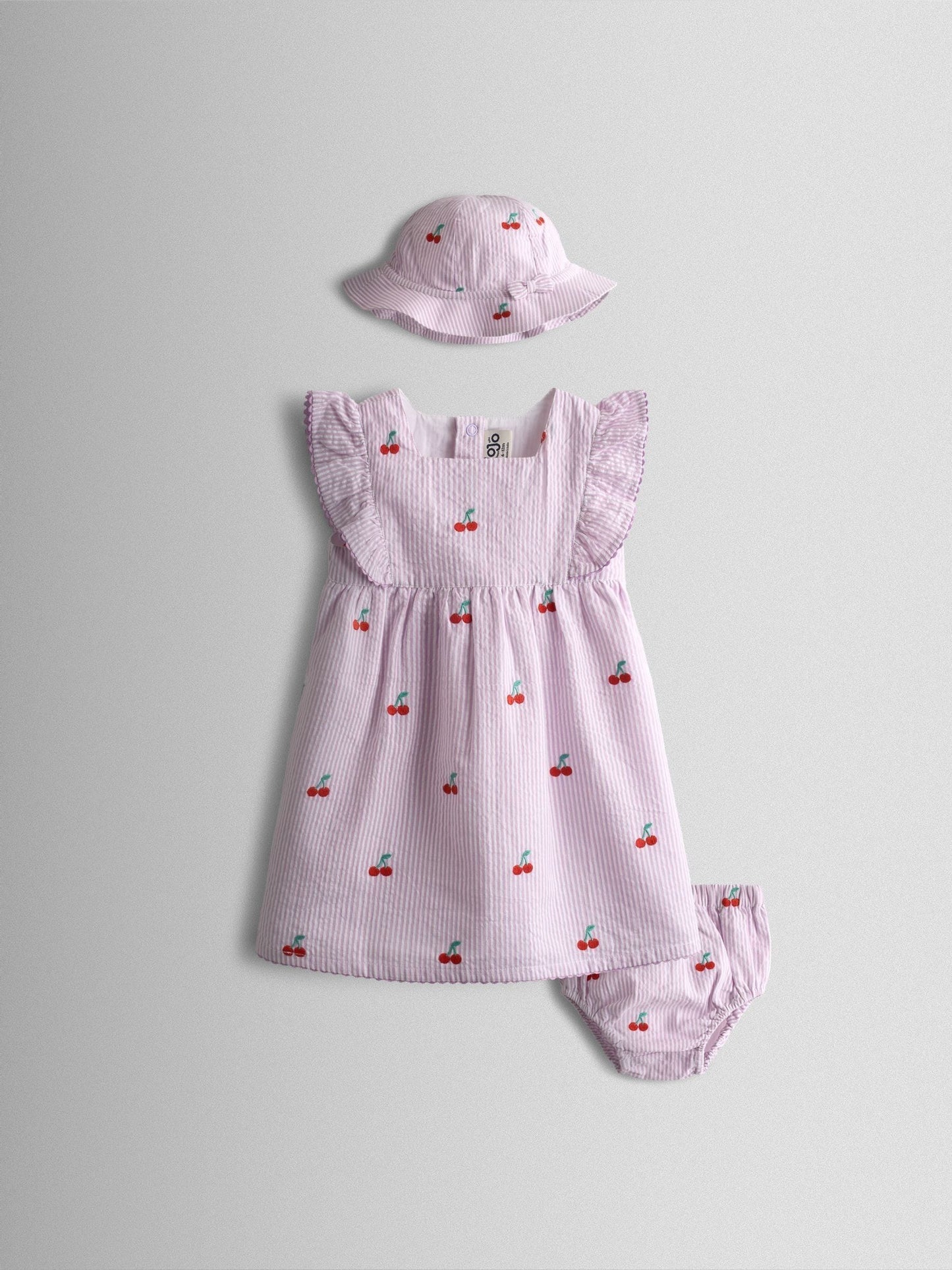 JoJo Maman Bébé Lilac Purple Cherry Embroidered Stripe Dress & Hat Set image 1