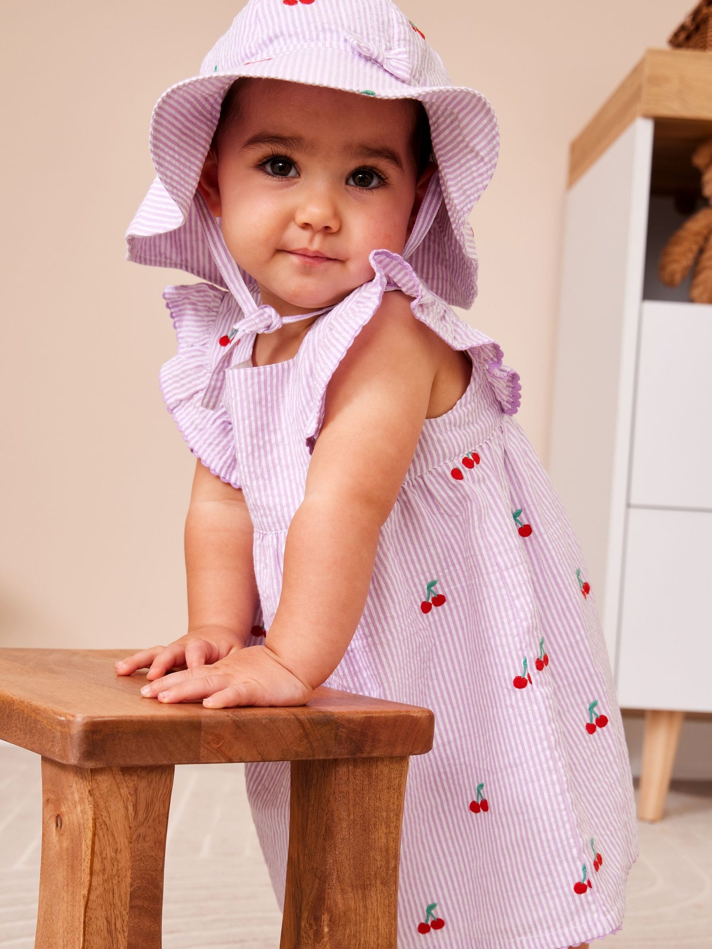 JoJo Maman Bébé Lilac Purple Cherry Embroidered Stripe Dress & Hat Set image 2