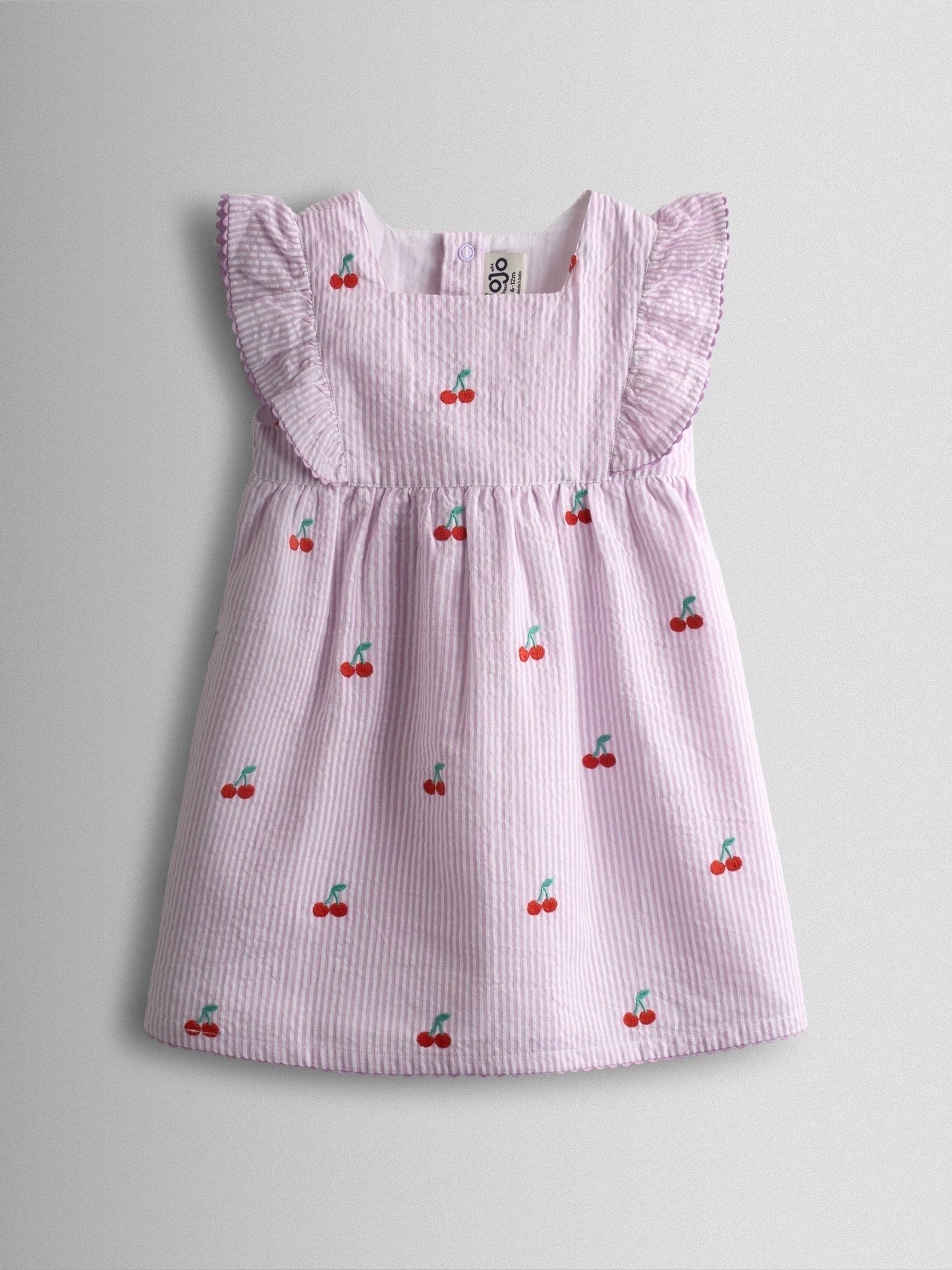 JoJo Maman Bébé Lilac Purple Cherry Embroidered Stripe Dress & Hat Set image 3