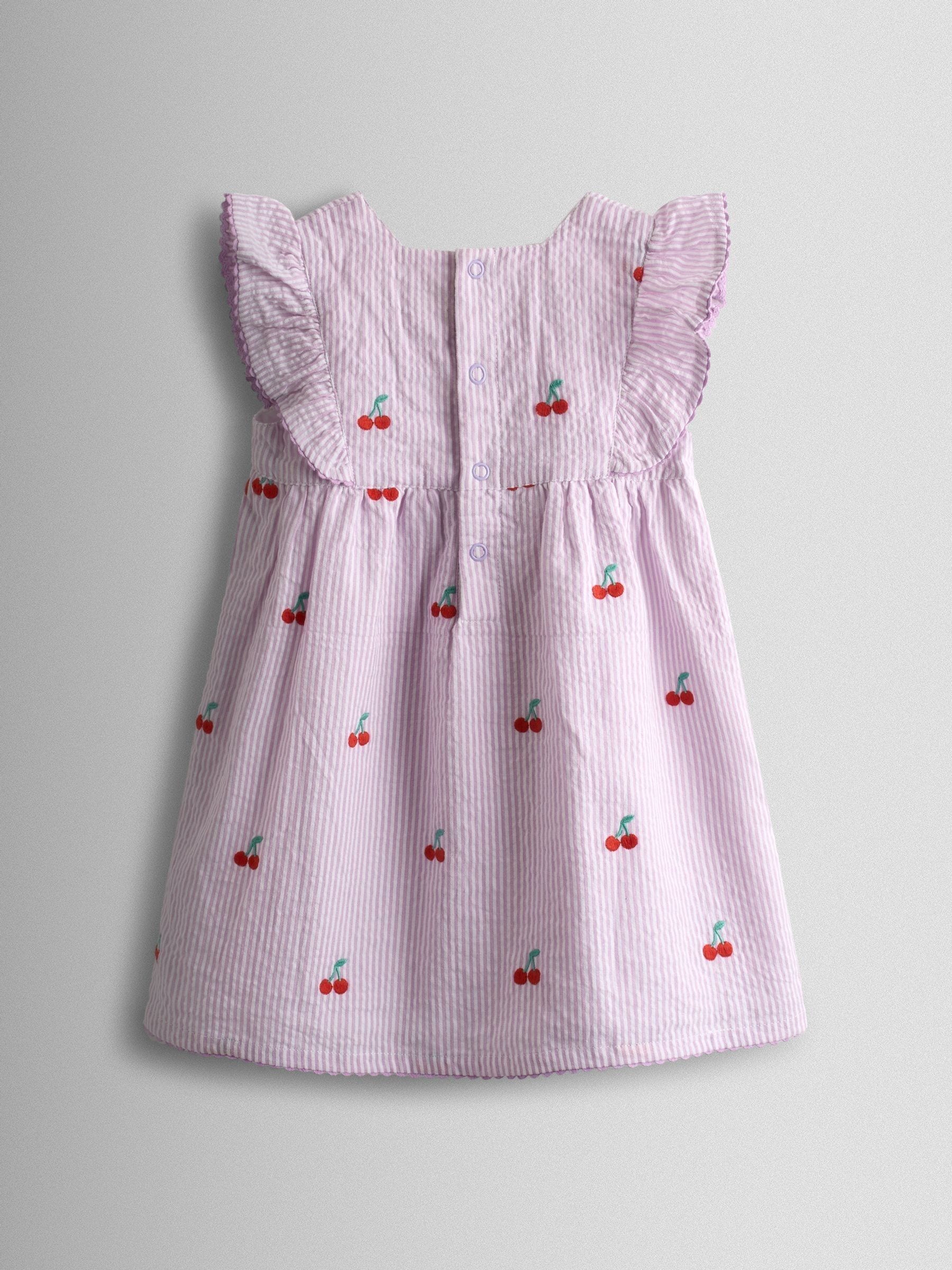 JoJo Maman Bébé Lilac Purple Cherry Embroidered Stripe Dress & Hat Set image 4