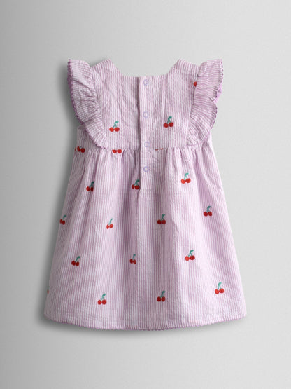 JoJo Maman Bébé Lilac Purple Cherry Embroidered Stripe Dress & Hat Set image 4