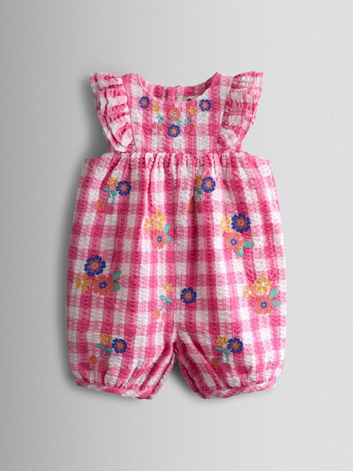 JoJo Maman Bébé Fuchsia Pink Gingham Frill Shoulder Embroidered Romper image 1