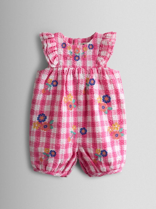 JoJo Maman Bébé Fuchsia Pink Gingham Frill Shoulder Embroidered Romper image 1