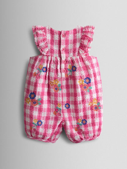 JoJo Maman Bébé Fuchsia Pink Gingham Frill Shoulder Embroidered Romper image 2
