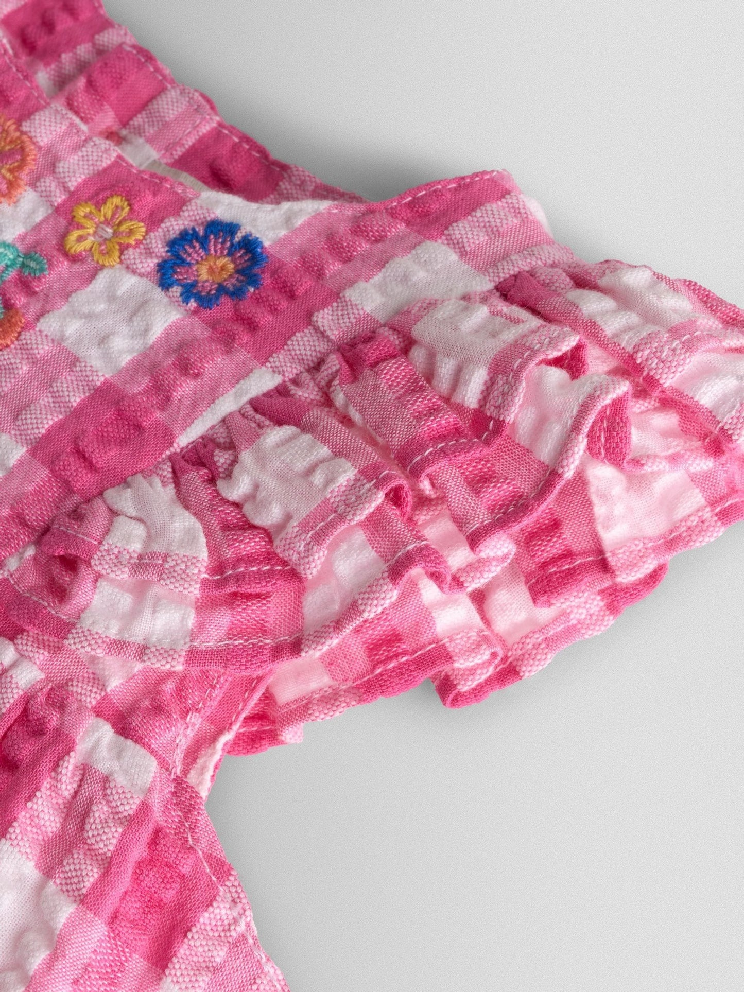 JoJo Maman Bébé Fuchsia Pink Gingham Frill Shoulder Embroidered Romper image 3