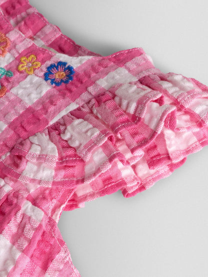 JoJo Maman Bébé Fuchsia Pink Gingham Frill Shoulder Embroidered Romper image 3