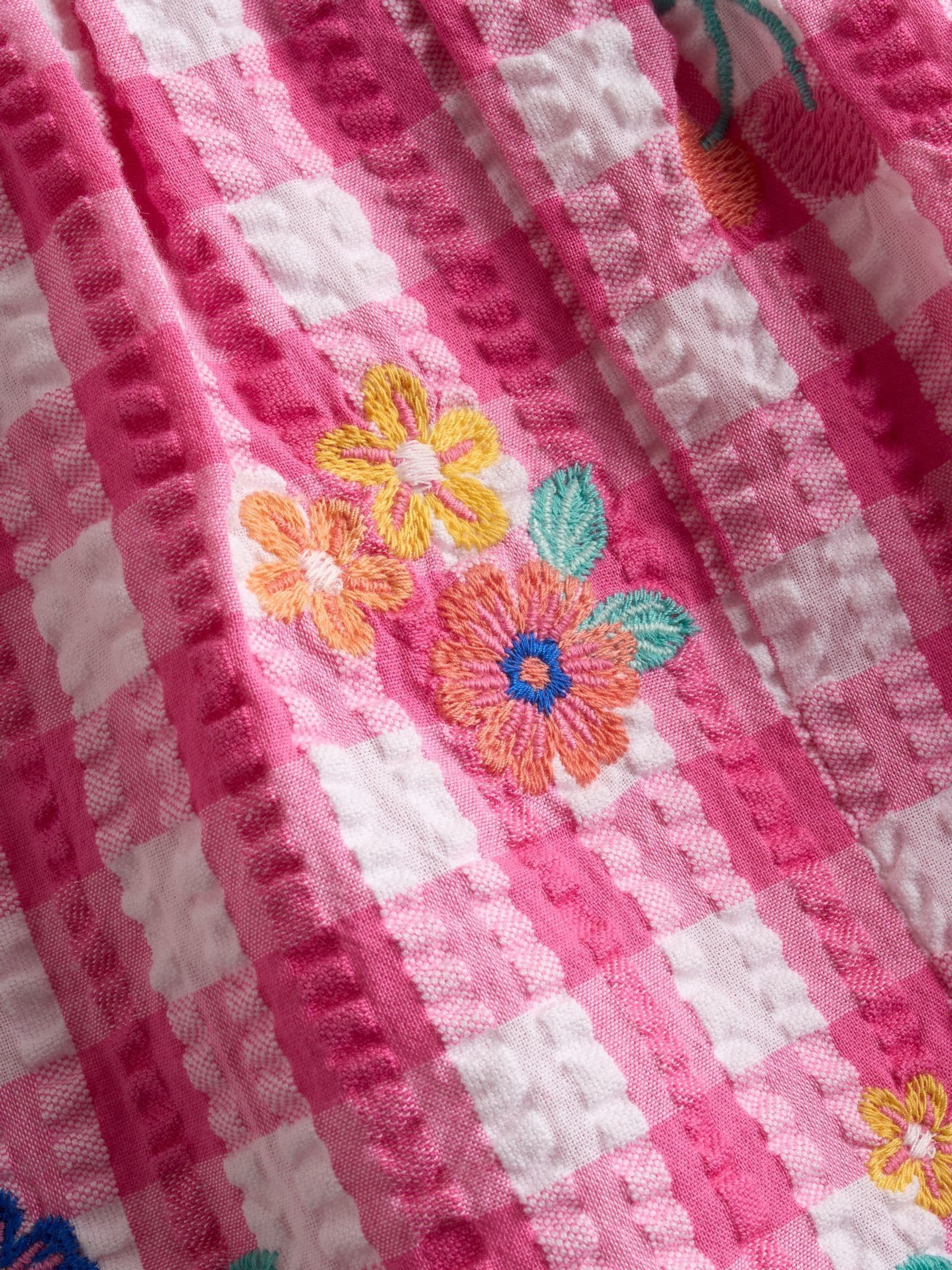 JoJo Maman Bébé Fuchsia Pink Gingham Frill Shoulder Embroidered Romper image 4
