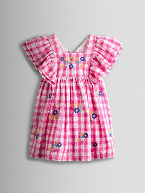 Dsiney Kidz - JoJo Maman Bébé Bright Pink Bright Floral Embroidered Gingham Dress image 1