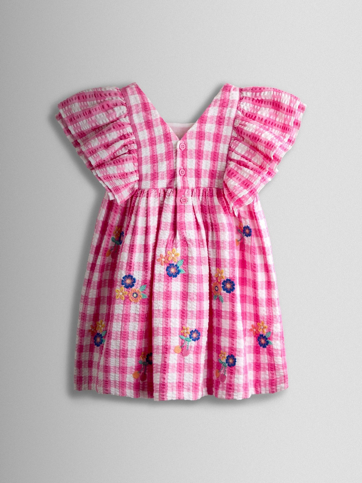 JoJo Maman Bébé Bright Pink Bright Floral Embroidered Gingham Dress image 3