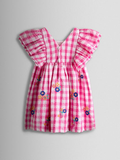 JoJo Maman Bébé Bright Pink Bright Floral Embroidered Gingham Dress image 3