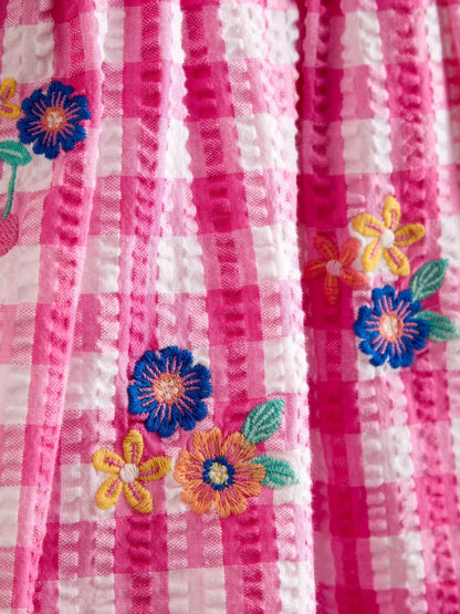 JoJo Maman Bébé Bright Pink Bright Floral Embroidered Gingham Dress image 4