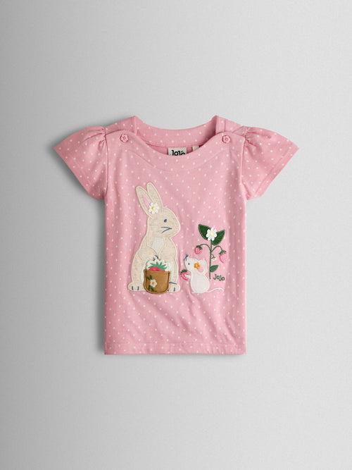 JoJo Maman Bébé Pink Bunny & Mouse Appliqué Button Shoulder T-Shirt image 1