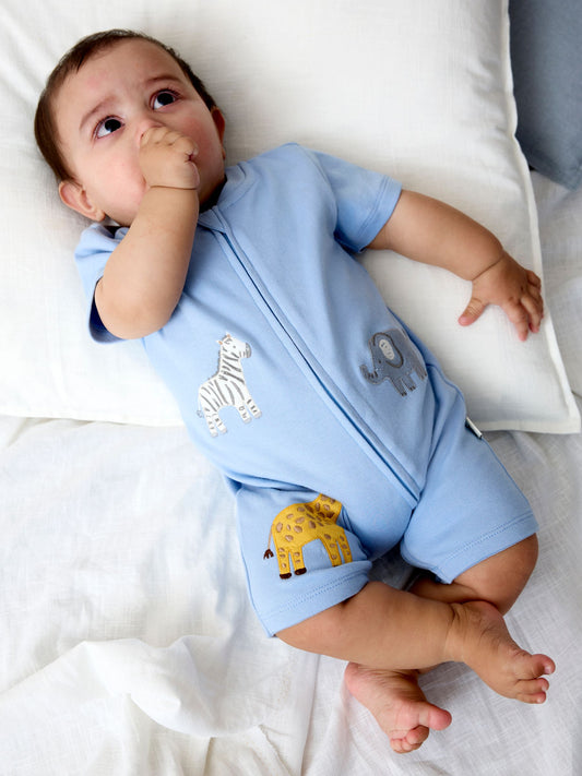 JoJo Maman Bébé Blue Safari Appliqué Organic Cotton Short Sleeved Zip Sleepsuit image 1