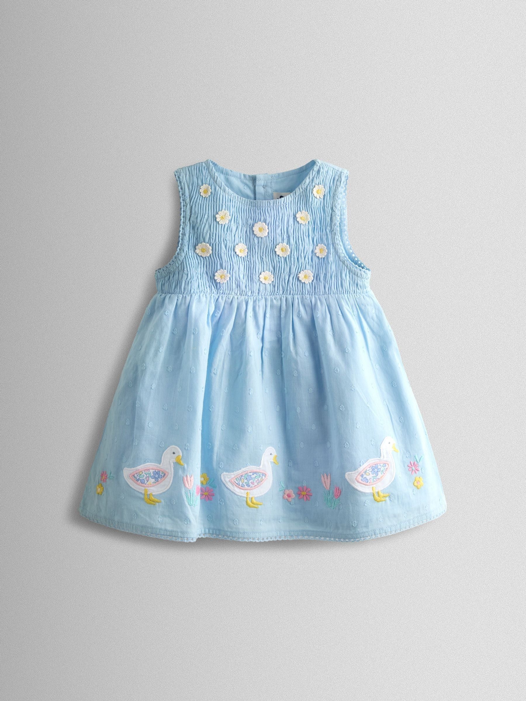 JoJo Maman Bébé Blue Duck & Flower Smocked Bodice Appliqué Baby Dress image 1