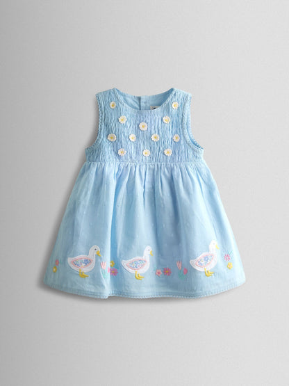 JoJo Maman Bébé Blue Duck & Flower Smocked Bodice Appliqué Baby Dress image 1