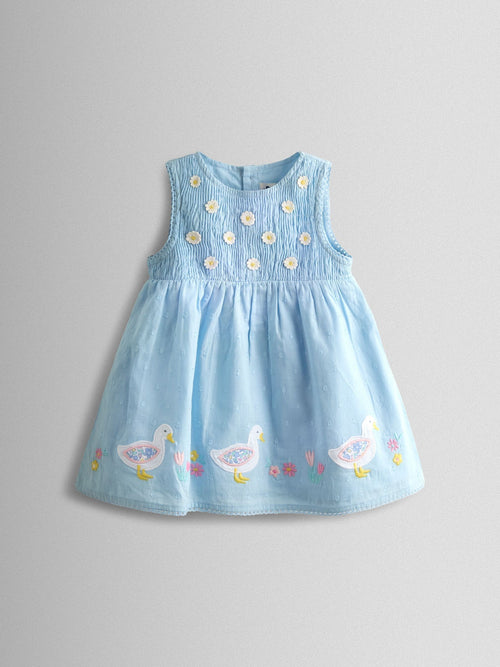 JoJo Maman Bébé Blue Duck & Flower Smocked Bodice Appliqué Baby Dress image 1