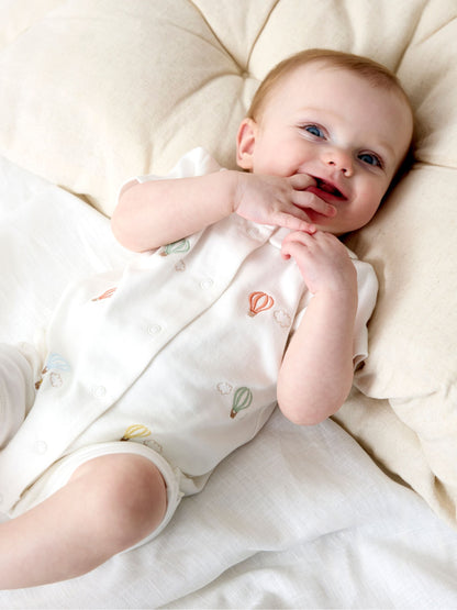 JoJo Maman Bébé White Hot Air Balloon Embroidered Organic Cotton Short Sleeve Sleepsuit image 1