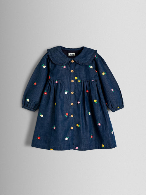 JoJo Maman Bébé Blue Floral Embroidered Chambray Dress image 1