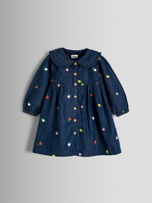JoJo Maman Bébé Blue Floral Embroidered Chambray Dress image 1