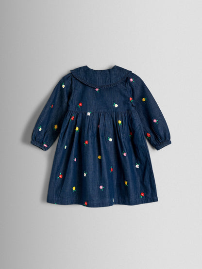 JoJo Maman Bébé Blue Floral Embroidered Chambray Dress image 2