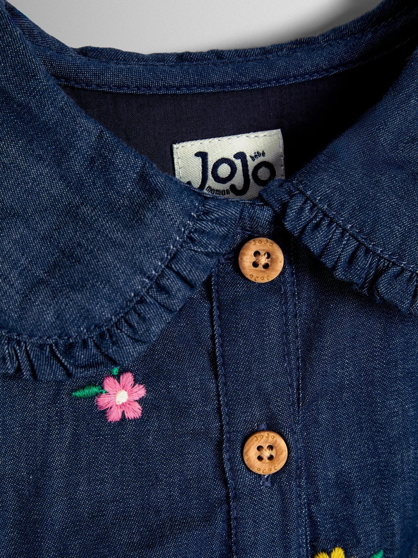 JoJo Maman Bébé Blue Floral Embroidered Chambray Dress image 3