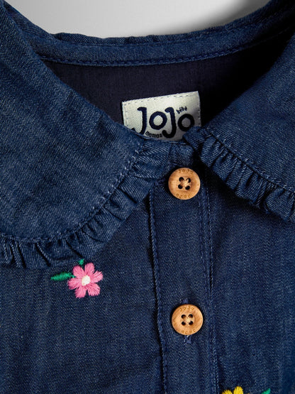 JoJo Maman Bébé Blue Floral Embroidered Chambray Dress image 3
