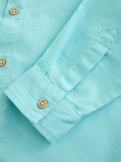 Dsiney Kidz - Aqua Blue Long Sleeve Relaxed Linen Blend Shirt (3-16yrs) image 3