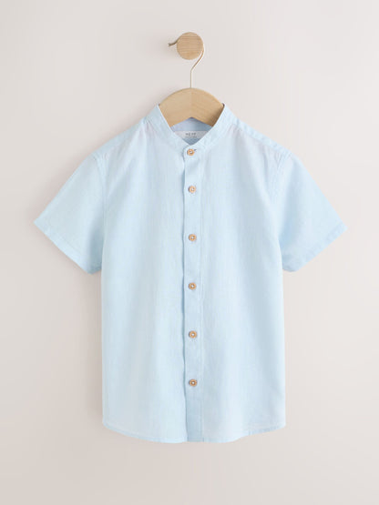 Dsiney Kidz - Pale Blue Short Sleeve Linen Blend Grandad Collar Shirt (3-16yrs) image 1