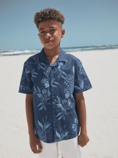 Dsiney Kidz - Navy Pinapple Print Short Sleeve Revere Collar Shirt (3-16yrs) image 1