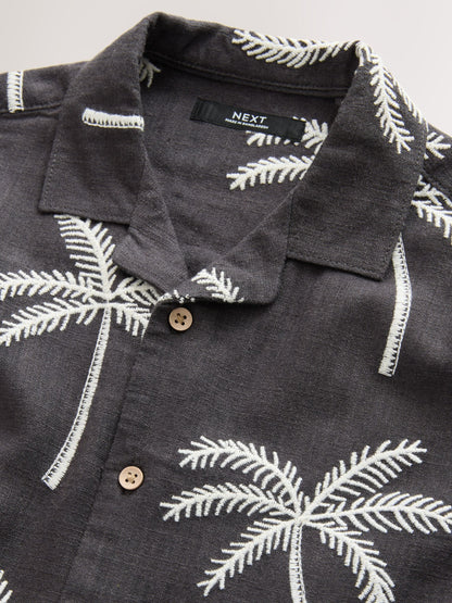 Dsiney Kidz - Black Palm Embroidery Short Sleeve Revere Collar Shirt (3-16yrs) image 3